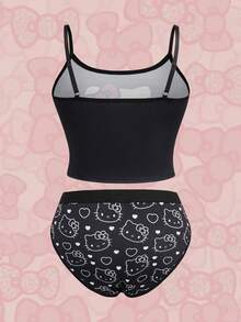 HELLO KITTY AND FRIENDS | SHEIN 女士卡通印花吊带文胸套装 - 黑色 - 查看 2