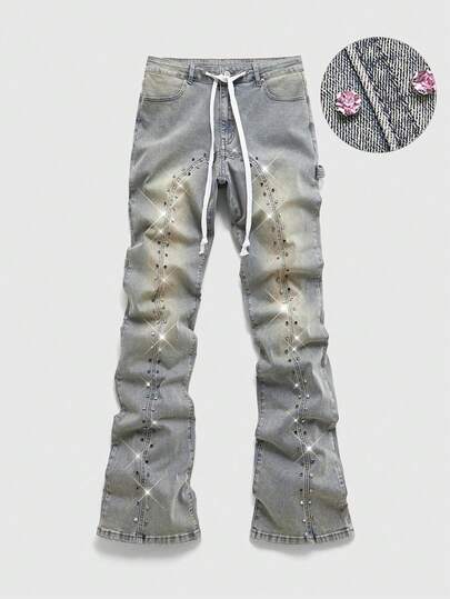 ROMWE MEN Men's Sparkling Diamond Layered Denim Jeans