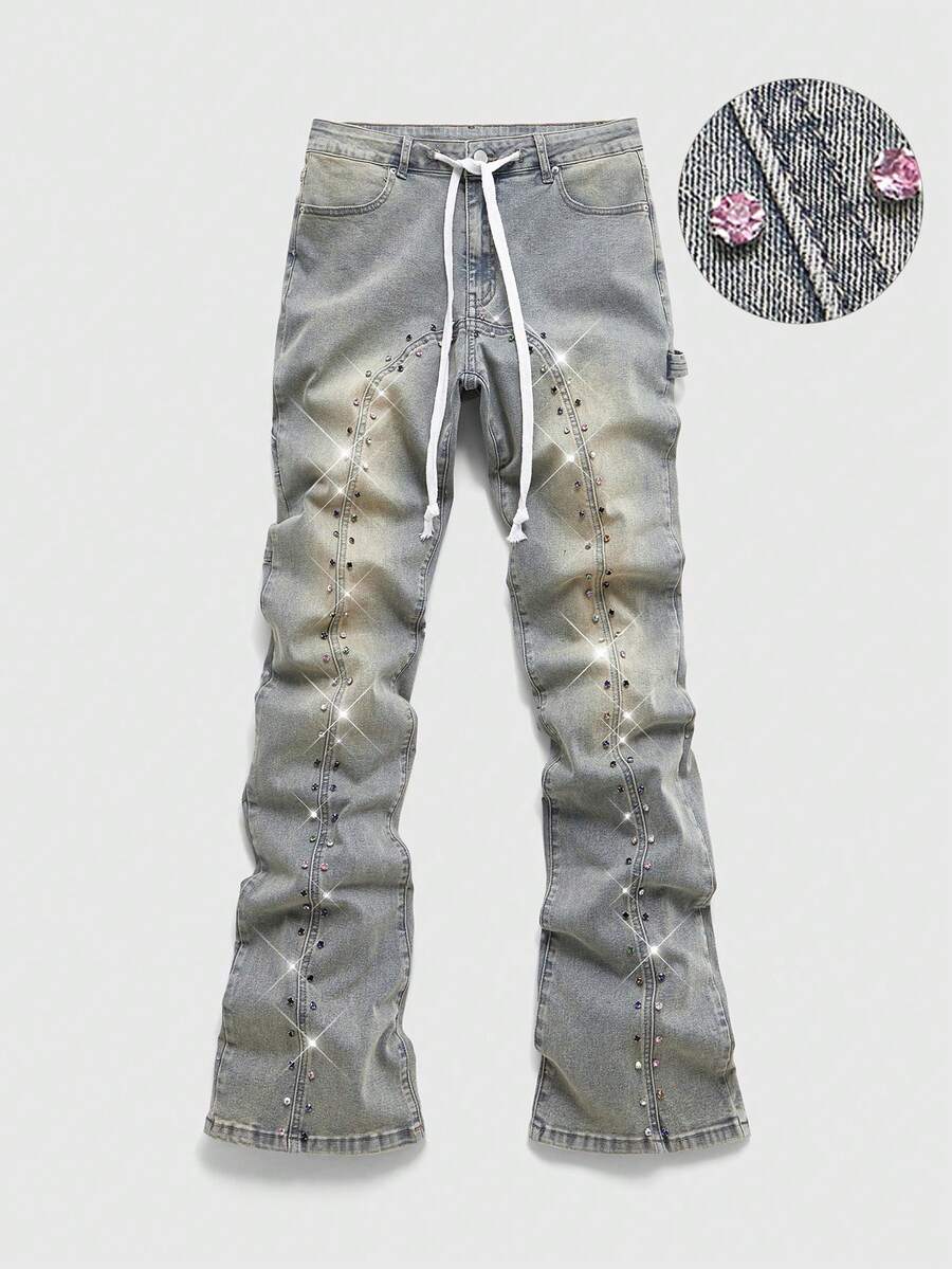 ROMWE MEN Men's Sparkling Diamond Layered Denim Jeans - Light Wash - View 1