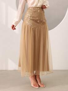 Graceveil High-Waisted Floral Patchwork A-Line Skirt - Brown - View 4