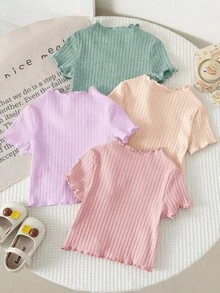 SHEIN Baby Girl Summer Cute Knit Ribbed Solid Color Wavy Edge Short Sleeve Top 4pcs Set - Multicolor - View 4
