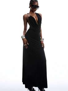 LYSMO 女士深V领性感长裙 - 黑色 - 查看 4