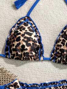 Soleia Women's Retro Colorful Leopard, Zebra, Floral Print Ruffled Tie-Front Tassel Decorated Bikini Set, Suitable For Beach Vacation Summer Bathing Suit - Royal Blue - View 3