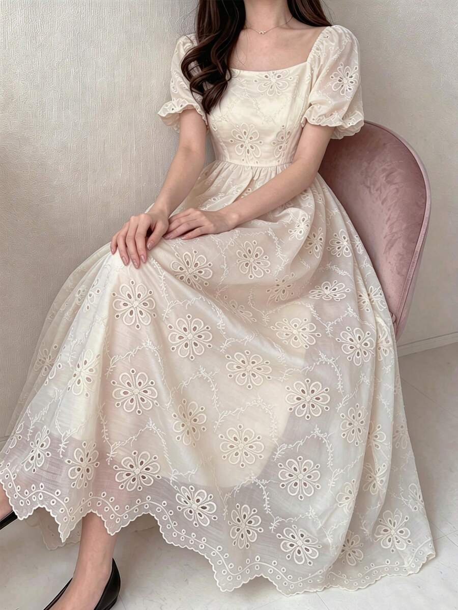 FRIFUL Vestido largo elegante de fiesta con cintura fruncida y bordado floral para mujer - Beis - Ver 1