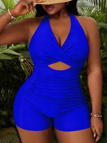 Slaydiva Plus Size Women's Fuchsia Deep V Neck Hollow Out Ruched One-Piece Swimsuit, Beach Holiday - Royal Blue - View 1