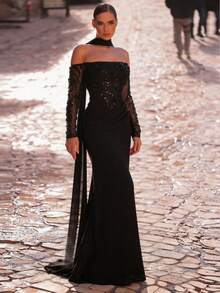 Aureia Elegant Luxury One-Shoulder Sparkling Beaded Embroidered Mesh Ruched Waist Hip Mermaid Hem Dress For Wedding Party Formal - Black - View 3