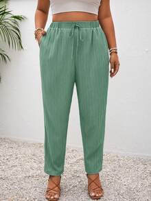 SHEIN Frenchy Plus Size Vacation Solid Color Knotted Casual Pants With Pockets - Green - View 3