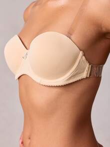 Veilyse Women's Nude Seamless Minimizer Underwire Bra With Thick Padding, Convertible Straps, Plunge Neckline - Beige - View 7