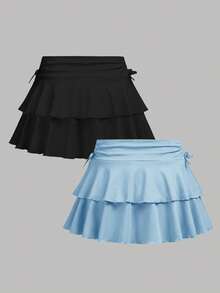 Girlism 两件套休闲褶皱腰A字裙和打底裤，青少年简约演唱会服装 - 淺藍色 - 查看 2