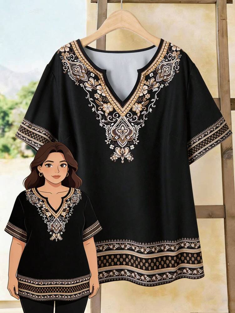 Plus Size Women Floral Print V-Neck Short Sleeve Blouse