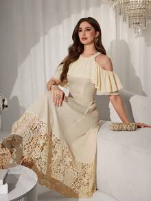 Modelyn Sweet & Youthful Yellow Elegant Ruffle Off-Shoulder Embroidered Patchwork Mid-Length Dress For Women - Apricot - View 7