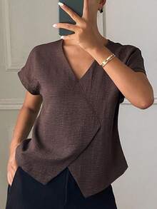 DAZY Women's Solid Color V-Neck Oblique Collar Short Sleeve Elegant Formal Summer Blouse - Coffee Brown - View 3