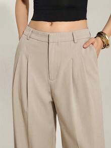 SHEIN Tall Quần ống rộng xếp ly cạp cao phong cách công sở sang trọng, thanh lịch – Quần tây dáng suông màu trơn, trang phục công sở chuyên nghiệp, quần tây công sở may đo thời trang dành cho nữ. - Màu be - Xem 6