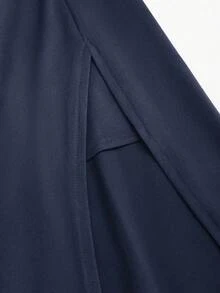 Sweetra Plunging Neck Backless Halter Top And Side Slit Skirt Set - Navy Blue - View 4