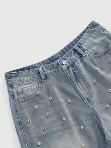 ROMWE MEN Men's Rhinestone Cross Embroidered Denim Shorts - Blue - View 4
