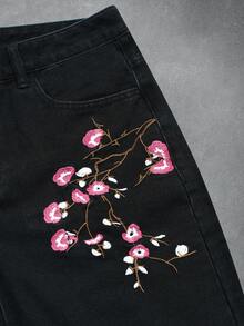 Manfinity EMRG Pantalones cortos de mezclilla lavados con bordado de sakura para hombres - Negro - Ver 3