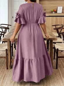 EMERY ROSE Plus Size Women's Solid Color Round Neck Bow Decor Short Sleeve Elegant Dress - Purple - View 2
