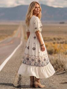 LanaWest Women's Summer Boho Holiday Vacation Black And Cream V-Neck Digital Placement Print Cuff Splice Tassel Floral Layered Ruffle Hem Western Casual Dress - Apricot - View 6