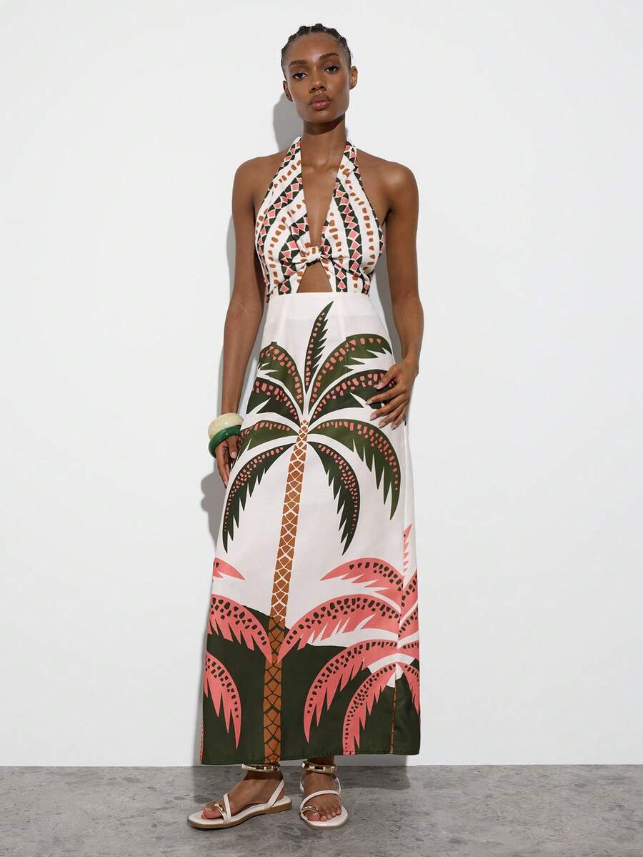 MAIJA Vacation Tropical Palm Print Halter Cutout Tie Front Midi Dress - Multicolor - View 1