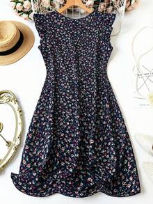 Rusticease Plus Size Women's Ditsy Floral Cap Sleeve Vacation Dress - Navy Blue - View 2
