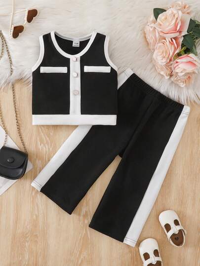 SHEIN Bộ áo vest và quần dài kiểu dáng thường ngày phối màu tương phản cho bé gái.