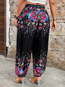 Breezaya Plus Size Women Floral Print Casual Boho Everyday Wear Pants Vacation Black Autumn - Black - View 2