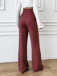 Rafferiza Quần dài nữ ống đứng kẻ sọc mùa thu/đông, quần tây công sở tối giản đa năng, quần kẻ sọc màu xanh navy. - Màu Đỏ Sâu - Xem 2