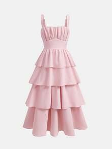 Pitira Tween Girls Summer Elegant Soft Pink Ruched Strap Double-Layer Flounce Hem Maxi Dress,French Fairy Princess Dress For Party,Holiday,Wedding&Birthday - Pink - View 8