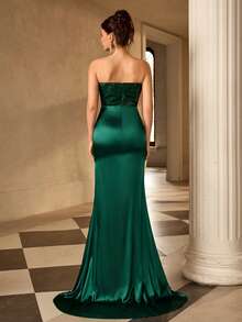 Coutiva 女士串珠缎面抹胸长款正式晚礼服（缀饰繁复） - 墨綠色 - 查看 2