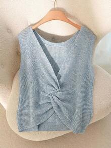 CosyJoli Plus Size Casual Twist Knot Sleeveless Knit Tank Top - Baby Blue - View 5