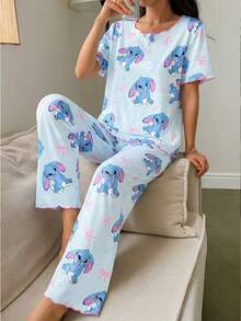 SHEIN Genkimix Kids Tween Girls 2pcs Pajama Set, Cute Rabbit & Bow Print, Contrast Color Wavy Trim, Short Sleeve Top And Long Pants, Casual Sleepwear - Blue - View 4
