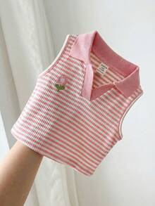 SHEIN Áo polo dệt kim không tay kẻ sọc dễ thương, đa năng cho bé gái mùa hè - Hồng - Xem 6