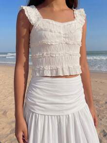 Chân váy xòe trắng cho bé gái, dáng dài, kiểu Nhật tối giản, thanh lịch với viền xếp ly, kiểu dáng chữ A đa năng. - trắng - Xem 3