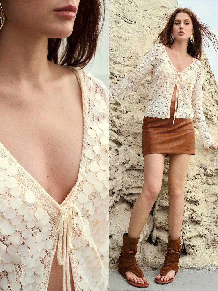 SEQUIN MESH KNIT SWEATER CARDIGAN, FRENCH ELEGANT SHEER KNIT TOP