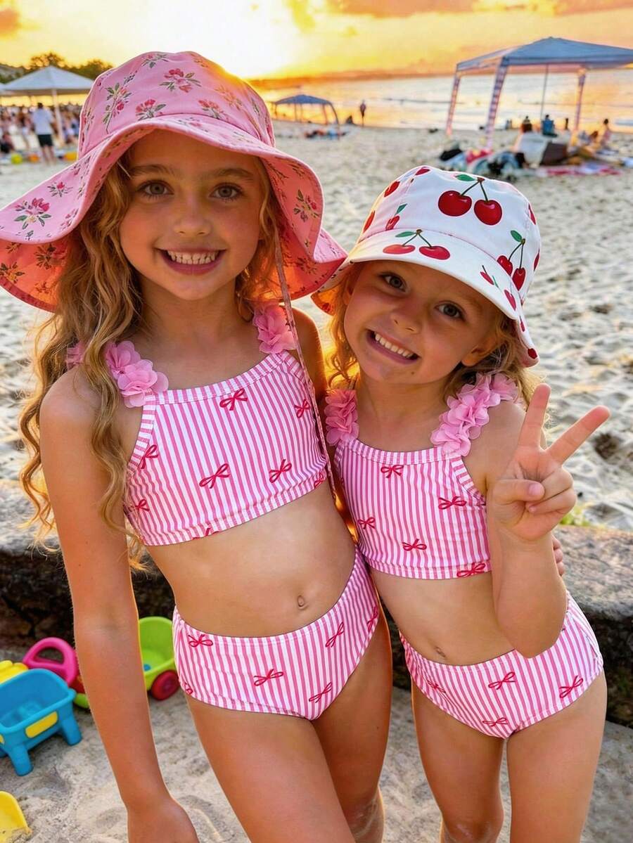 LMoss Kids Bộ đồ bơi hai dây và bikini màu hồng kẻ sọc tối giản, in hình nơ, thích hợp cho bé gái mùa hè. - Hồng - Xem 1