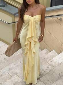 Aloruh 女士纯黄色新款缎面褶皱荷叶边连衣裙，适合度假、约会、婚礼季穿着 - 黃色 - 查看 3