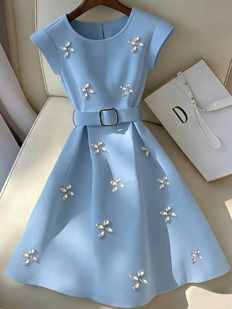 GlowEve New Summer High-End Elegant Luxury Unique Rhinestone Embellished Dress - Baby Blue - View 1