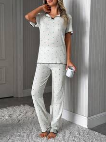 SHEIN Bộ đồ ngủ nữ bằng cotton dệt kim gân màu trắng phối họa tiết chấm bi và hoa, cổ chữ V, có nơ, tay ngắn và quần dài, thoải mái, thoáng khí, 2 món cho mùa hè. - trắng - Xem 3