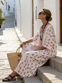 SHEIN Holidaya Đầm dài dáng rộng in họa tiết, tay lỡ cổ chữ V, thích hợp cho mùa xuân, hè, thu và đông, phù hợp cho kỳ nghỉ, hẹn hò, thanh lịch, thường ngày, dáng rộng, phù hợp cho trang phục công sở thanh lịch, thời trang, thường ngày. Đầm chấm bi nữ, đầm maxi phong cách boho, đầm kaftan, đầm hè thường ngày. - Hồng - Xem 4