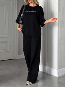 SHEIN 2 Pcs,Embroidery Minimal ''Los Angeles'' Inspired Cotton Street Casual Set - Black - View 4
