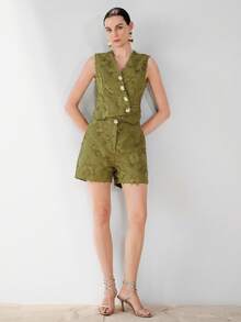 Aveloria Modichic Ensemble 2 pièces pour femmes vert olive, élégant et décontracté chic pour l'été, tea party et garden party, blazer sans manches asymétrique en jacquard texturé avec franges - Vert - Voir 5