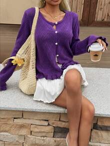 INAWLY Áo khoác cardigan chống nắng khoét rỗng, áo choàng dệt kim nhẹ. - Màu tím - Xem 6