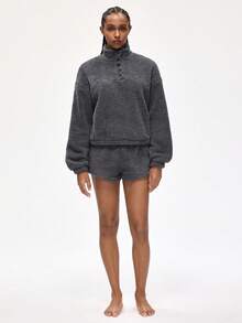 Rest Era Women's Solid Color Drop Shoulder Long Sleeve Top And Shorts Fleece Lounge Set, Fluffy Winter Clothes - Grey - View 4