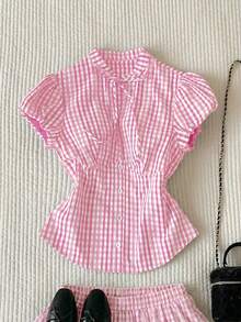 Comfortcana Women's Cute Plaid Button Tie Blouse, Ladylike Style For Date, Birthday - Pink - View 6