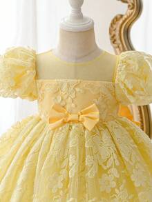 Glamorique Kids 女婴甜美蕾丝刺绣蝴蝶结装饰优雅连衣裙，适合花童、生日派对，可爱，四季皆宜，优雅端庄 - 黃色 - 查看 5