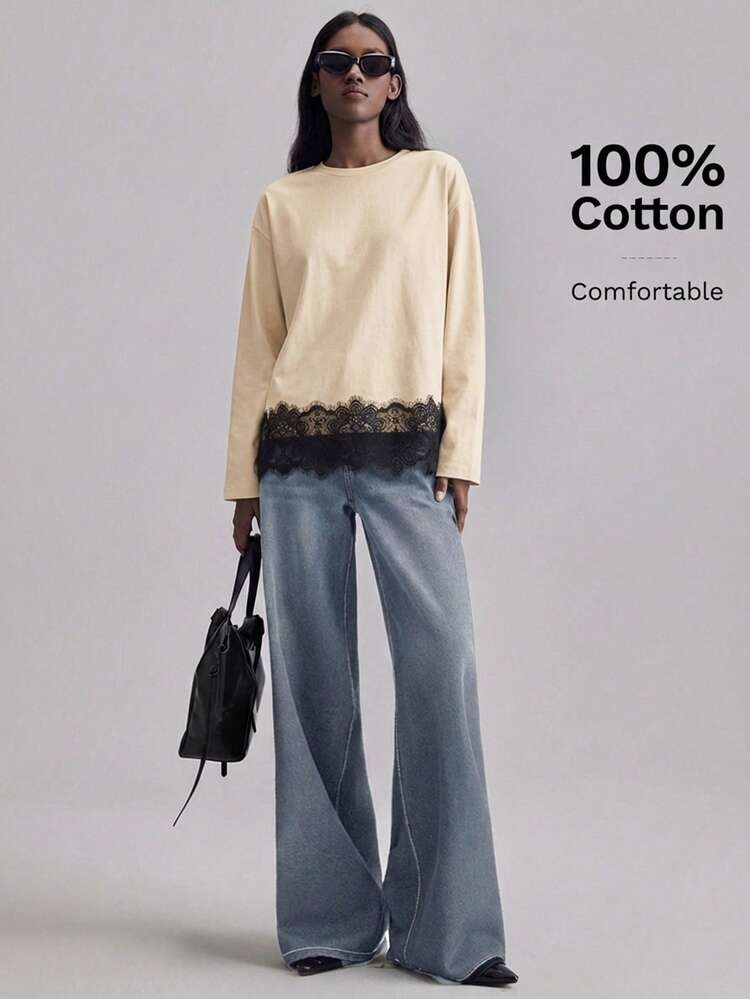 Women's Spring/Summer Lace Splice Hem Long Sleeve Blouse, Urban Commute Business Casual Top, Elegant Shirt For Wedding Guest, Casual Spring Wear