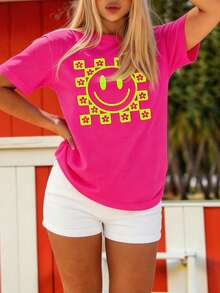 DrmWander Plus Size Women Floral & Smiling Face Print Casual Versatile Daily Wear Short Sleeve T-Shirt - Hot Pink - View 3