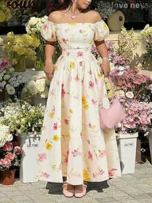 SHEIN MOD Plus Size Vintage Floral Print Off-Shoulder Puff Sleeve Long Dress,Multicolor Summer Curve Party Gown, Ruched A-Line Flowing Picnic Beachwear - Yellow - View 9