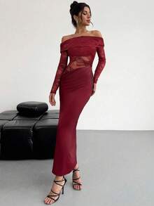 Firerie Đầm Maxi tay dài màu đỏ ôm sát lưng thấp, chất liệu lưới họa tiết, họa tiết tối giản, thanh lịch, quyến rũ, thích hợp cho ngày lễ tình nhân, tiệc năm mới, hẹn hò, trễ vai - Màu Đỏ Sâu - Xem 5