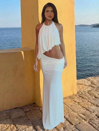 Aloruh Đầm trắng dáng đuôi cá ôm sát, khoét eo, lãng mạn, thanh lịch dành cho nữ, thích hợp cho kỳ nghỉ xuân/hè.